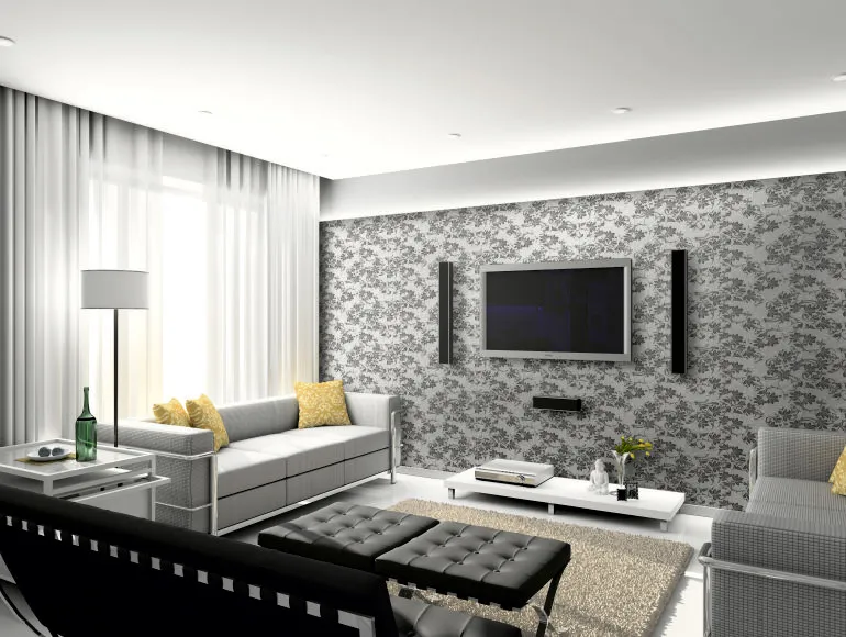 Sophisticated living room design with rich brown marble tiles